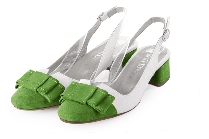 Grass green and pure white women's open back shoes, with a knot. Round toe. Low flare heels. Front view - Florence KOOIJMAN